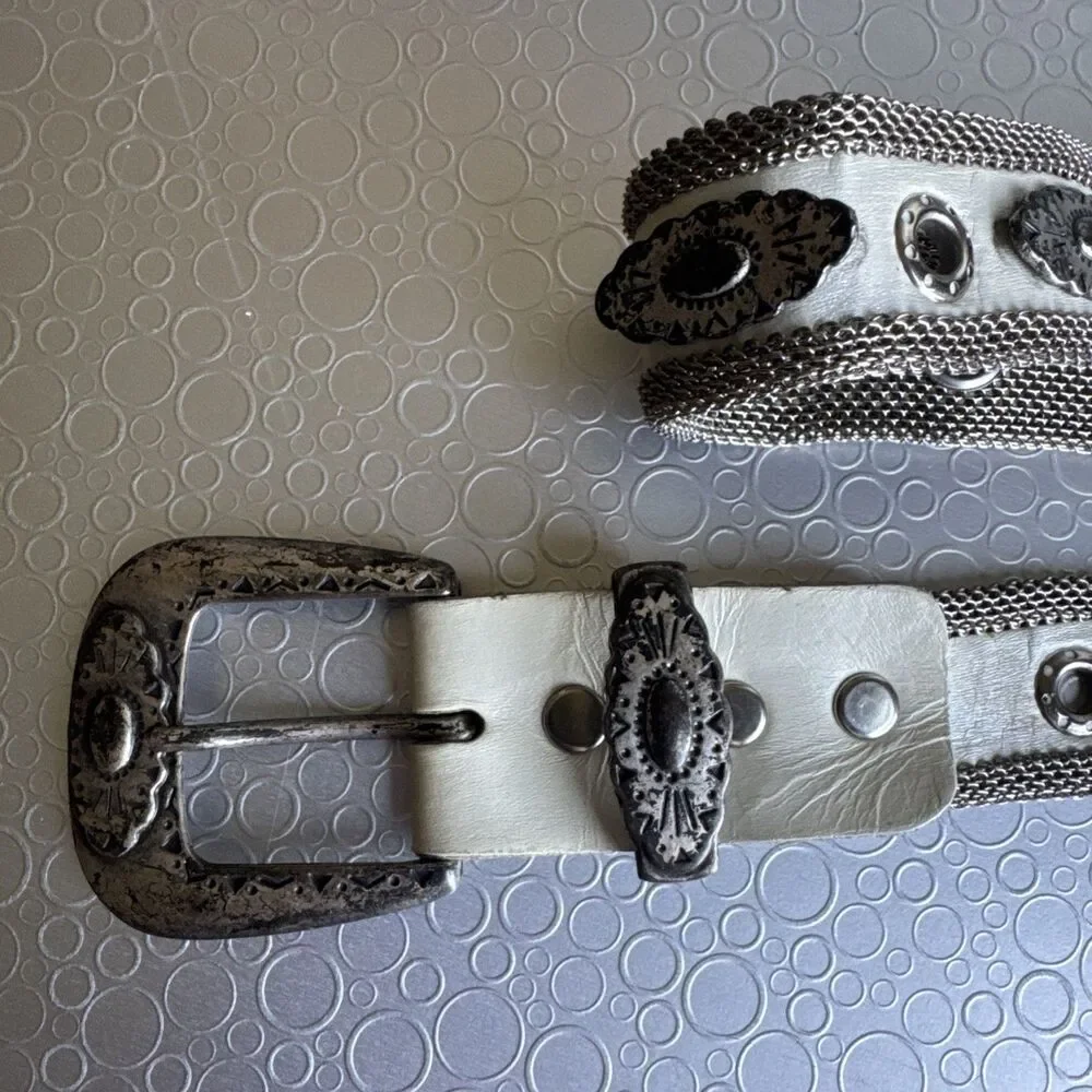 Vintage Boho Western Mesh Chain Concho Belt White Leather Inlay Ornate Y2K